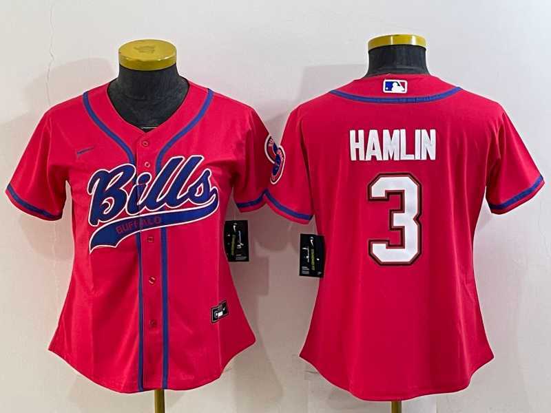 Womens Buffalo Bills #3 Damar Hamlin Red With Patch Cool Base Stitched Baseball Jersey